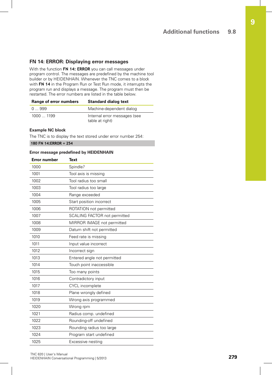 Fn 14: error: displaying error messages, Additional functions 9.8 | HEIDENHAIN TNC 620 (73498x-02) User Manual | Page 279 / 599