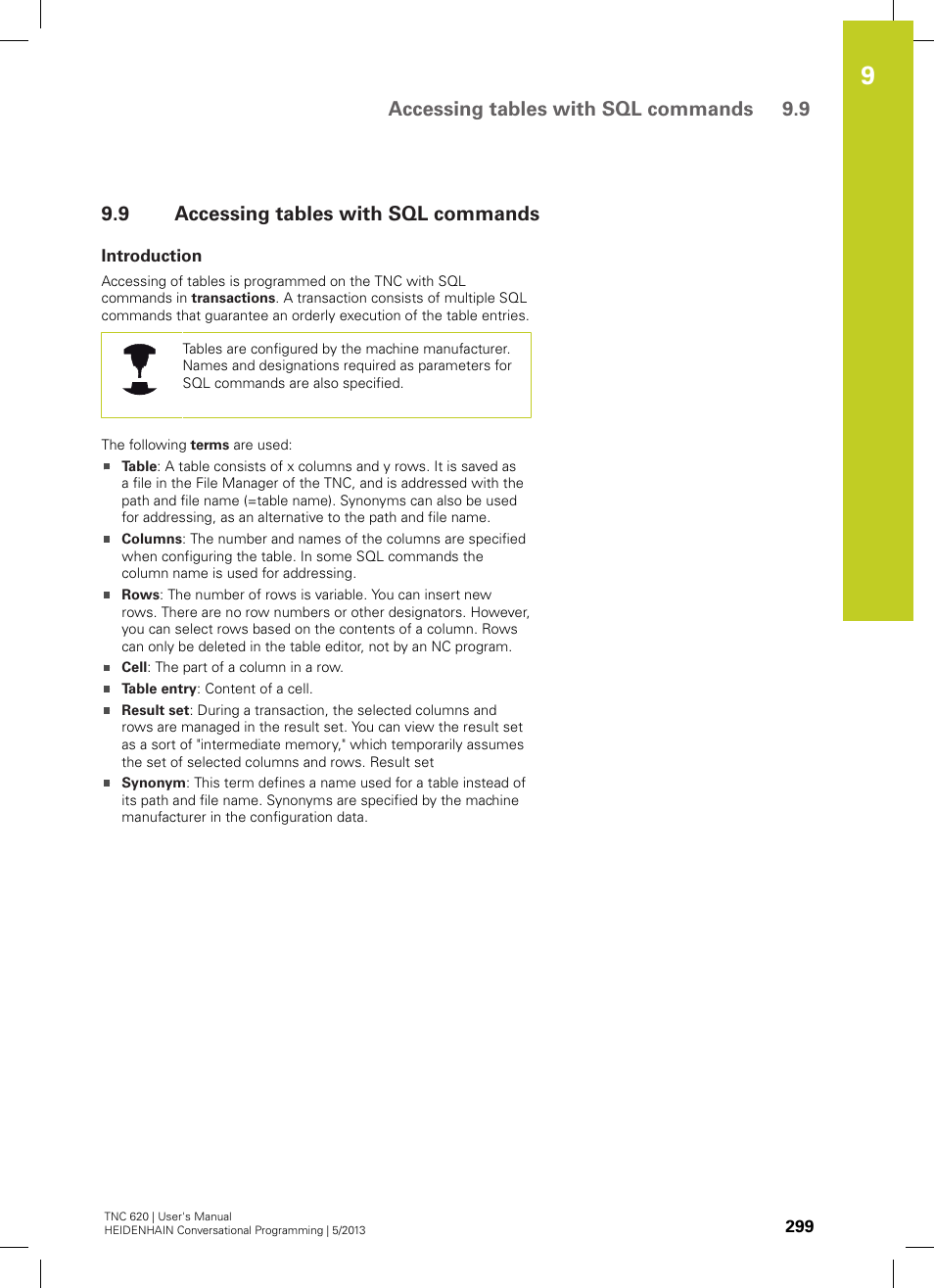 9 accessing tables with sql commands, Introduction, Accessing tables with sql commands | Accessing tables with sql commands 9.9 | HEIDENHAIN TNC 620 (73498x-02) User Manual | Page 299 / 599