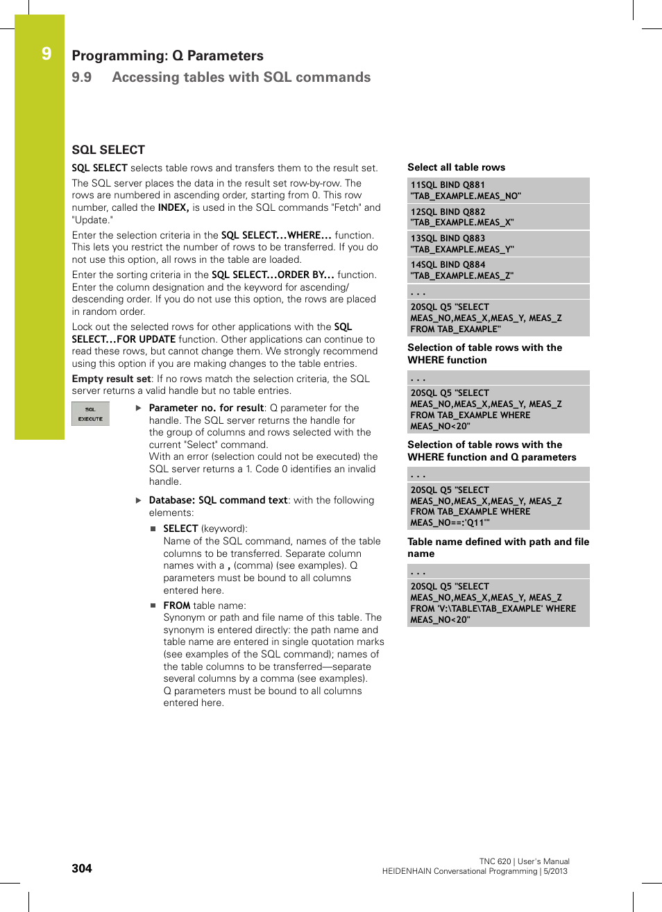 Sql select | HEIDENHAIN TNC 620 (73498x-02) User Manual | Page 304 / 599