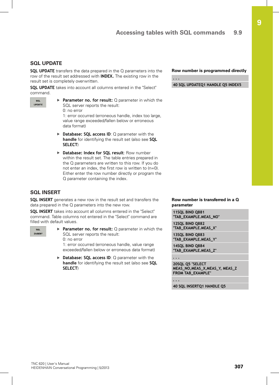 Sql update, Sql insert, Accessing tables with sql commands 9.9 | HEIDENHAIN TNC 620 (73498x-02) User Manual | Page 307 / 599