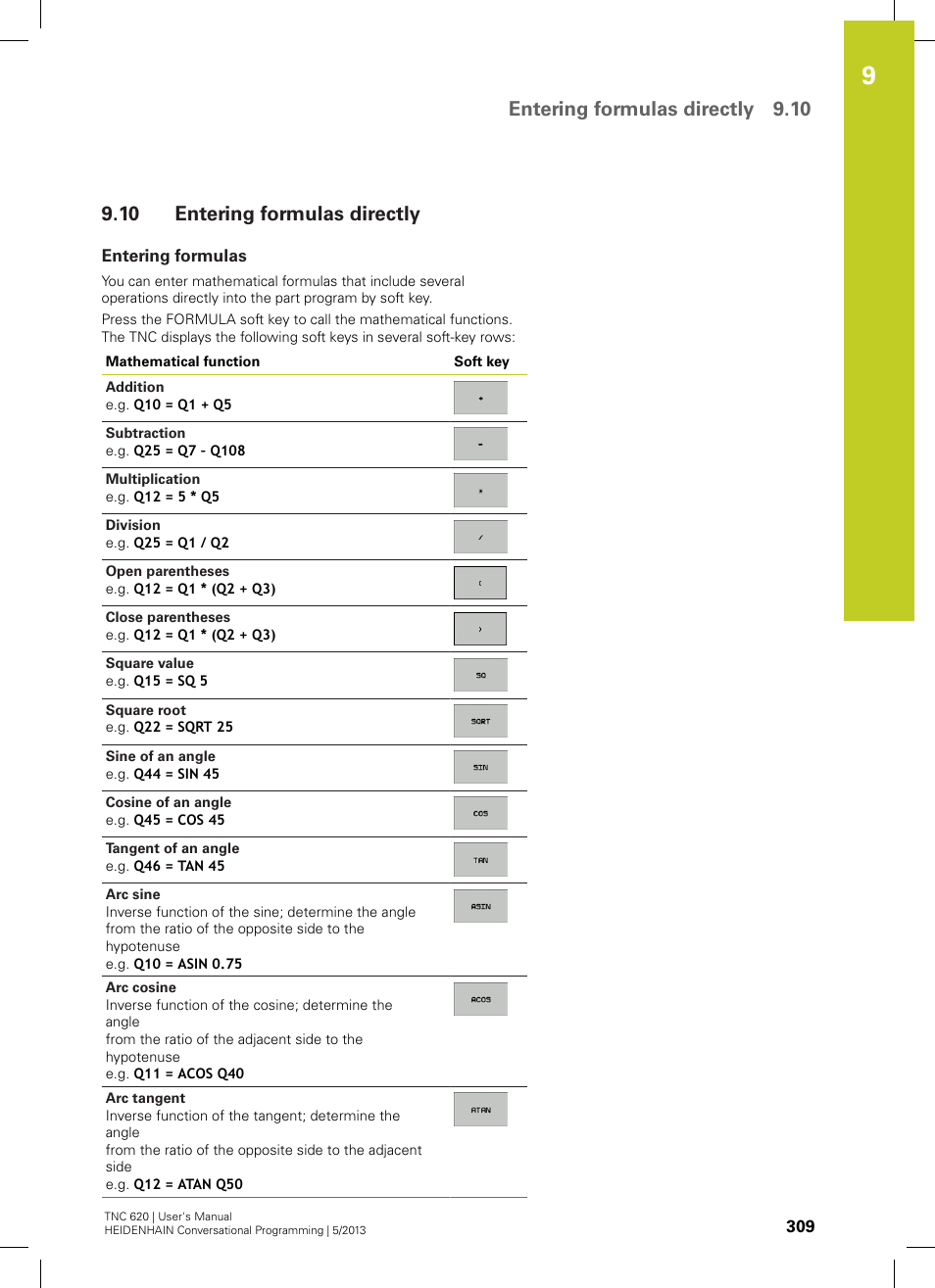 10 entering formulas directly, Entering formulas, Entering formulas directly | Entering formulas directly 9.10 | HEIDENHAIN TNC 620 (73498x-02) User Manual | Page 309 / 599