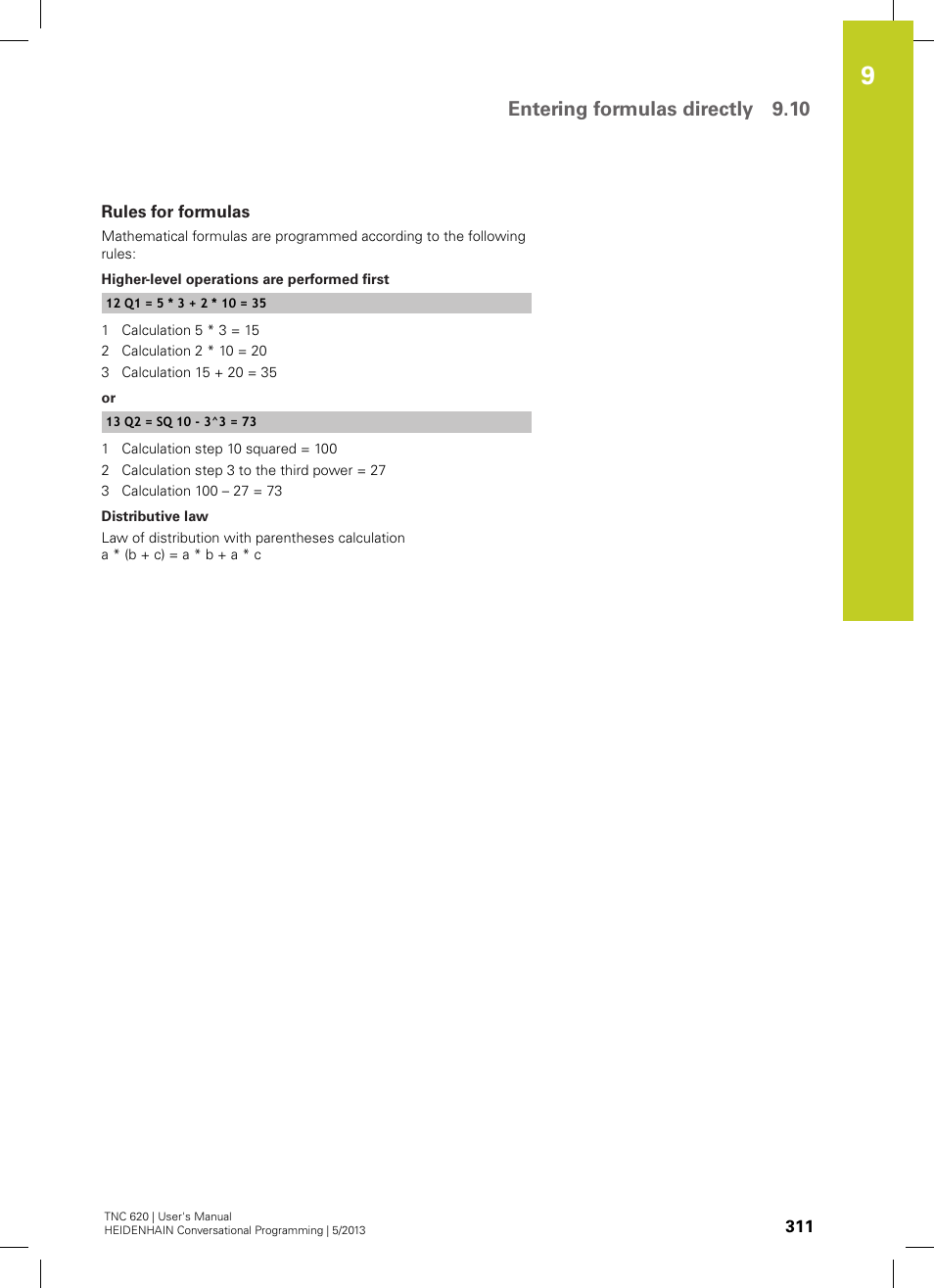 Rules for formulas, Entering formulas directly 9.10 | HEIDENHAIN TNC 620 (73498x-02) User Manual | Page 311 / 599