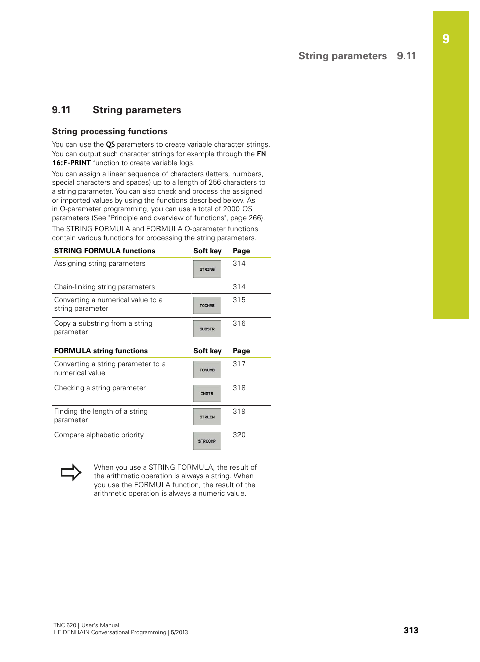 11 string parameters, String processing functions, String parameters | String parameters 9.11 | HEIDENHAIN TNC 620 (73498x-02) User Manual | Page 313 / 599