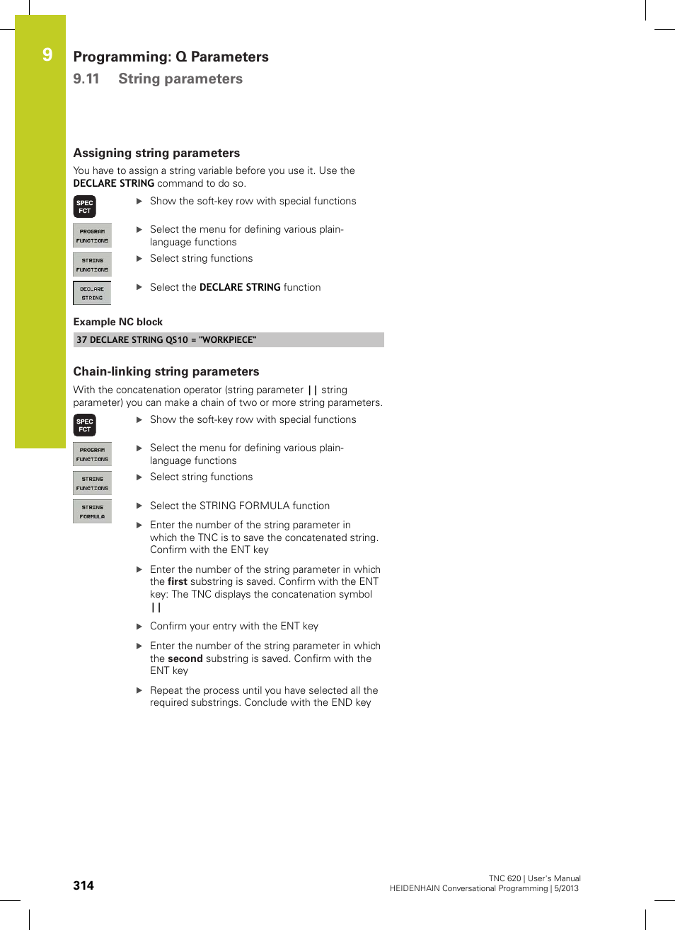 Assigning string parameters, Chain-linking string parameters, Programming: q parameters 9.11 string parameters | HEIDENHAIN TNC 620 (73498x-02) User Manual | Page 314 / 599