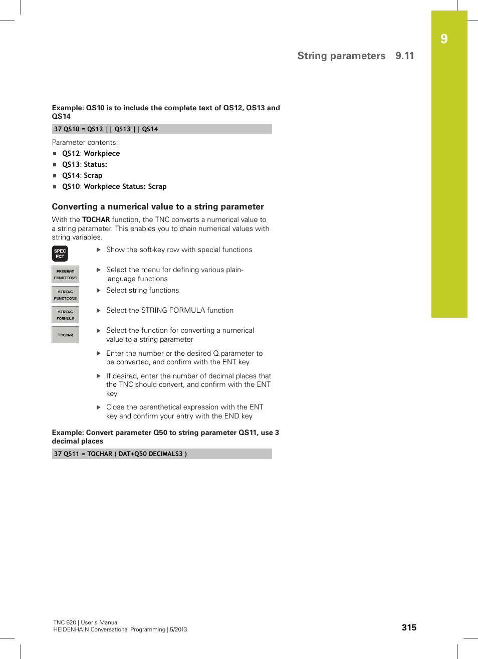 Converting a numerical value to a string parameter, String parameters 9.11 | HEIDENHAIN TNC 620 (73498x-02) User Manual | Page 315 / 599