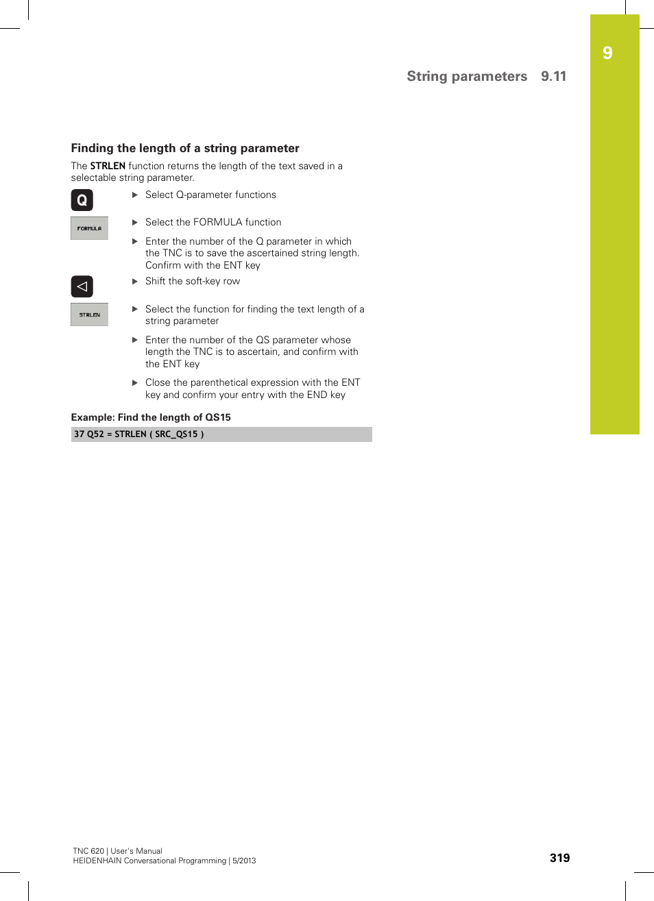 Finding the length of a string parameter, String parameters 9.11 | HEIDENHAIN TNC 620 (73498x-02) User Manual | Page 319 / 599