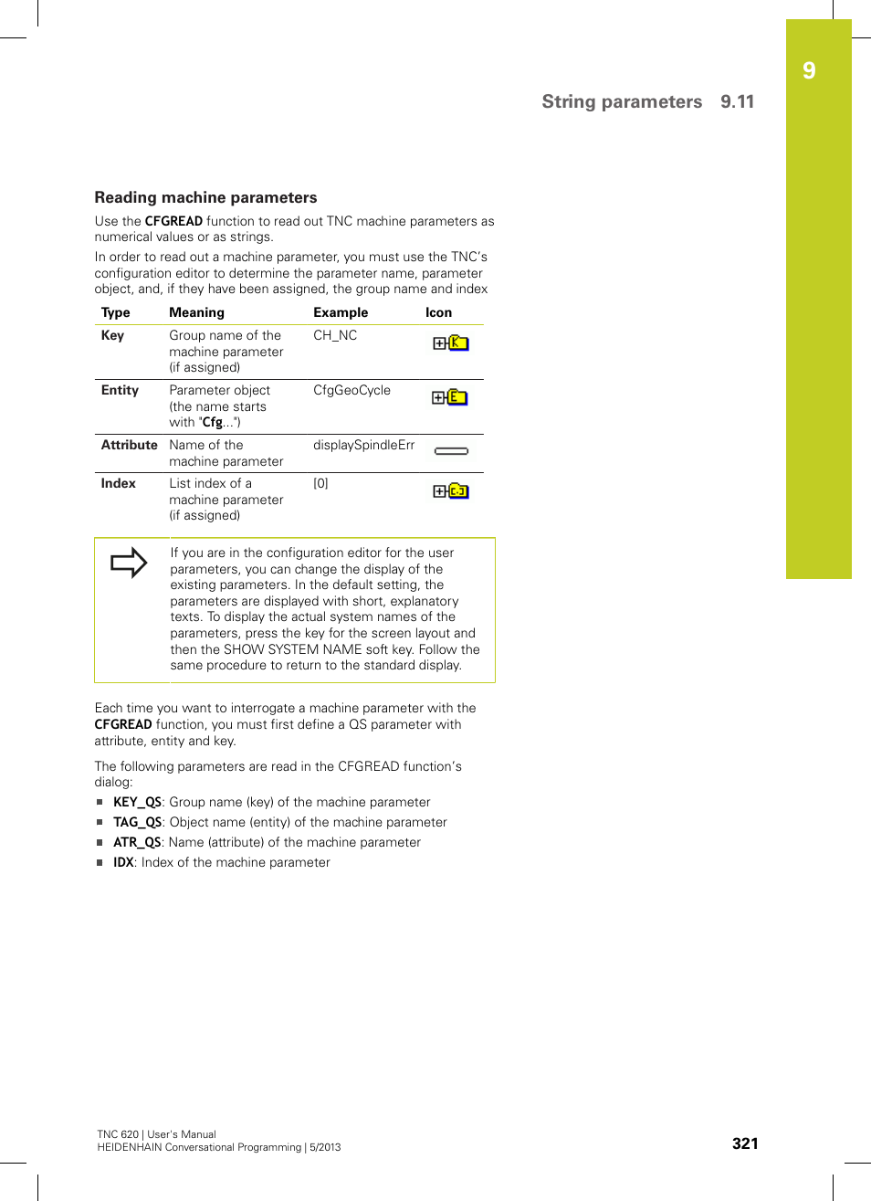 Reading machine parameters, String parameters 9.11 | HEIDENHAIN TNC 620 (73498x-02) User Manual | Page 321 / 599