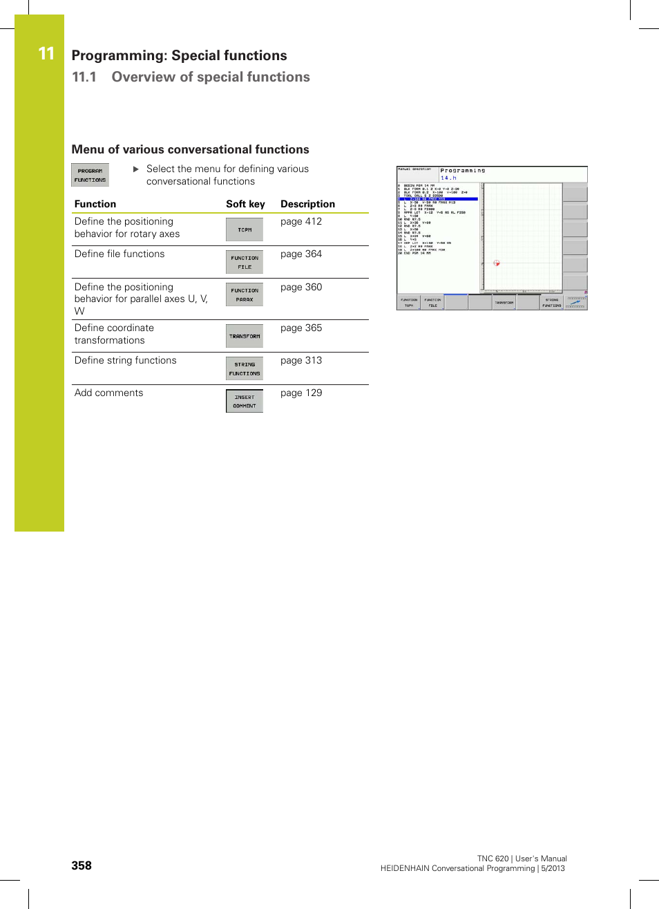 Menu of various conversational functions | HEIDENHAIN TNC 620 (73498x-02) User Manual | Page 358 / 599