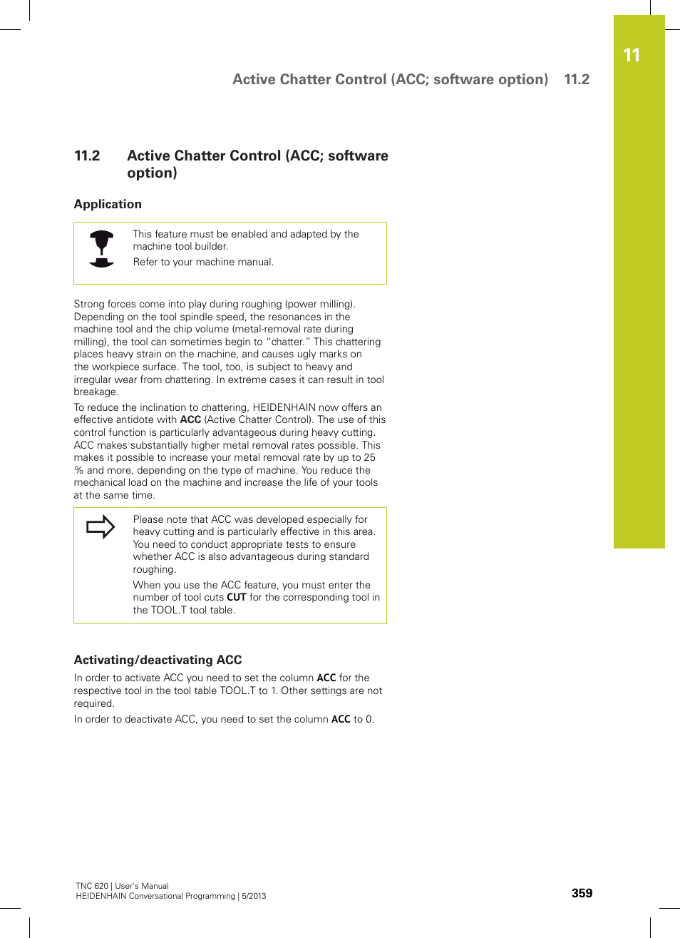 2 active chatter control (acc; software option), Application, Activating/deactivating acc | Active chatter control (acc; software option), Active chatter control (acc; software option) 11.2 | HEIDENHAIN TNC 620 (73498x-02) User Manual | Page 359 / 599