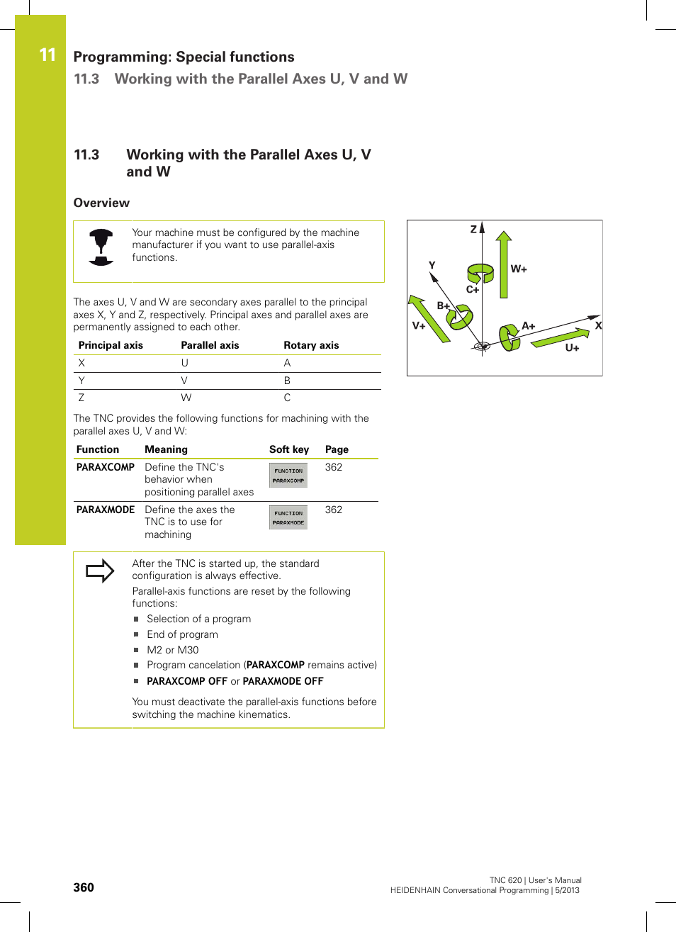 3 working with the parallel axes u, v and w, Overview, Working with the parallel axes u, v and w | HEIDENHAIN TNC 620 (73498x-02) User Manual | Page 360 / 599