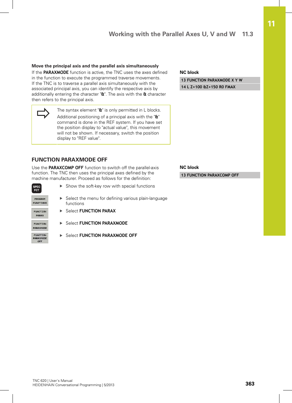 Function paraxmode off, Working with the parallel axes u, v and w 11.3 | HEIDENHAIN TNC 620 (73498x-02) User Manual | Page 363 / 599