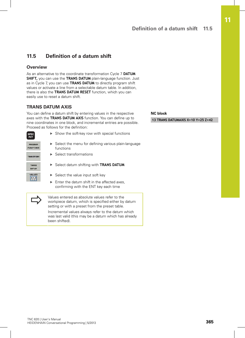 5 definition of a datum shift, Overview, Trans datum axis | Definition of a datum shift, Definition of a datum shift 11.5 | HEIDENHAIN TNC 620 (73498x-02) User Manual | Page 365 / 599