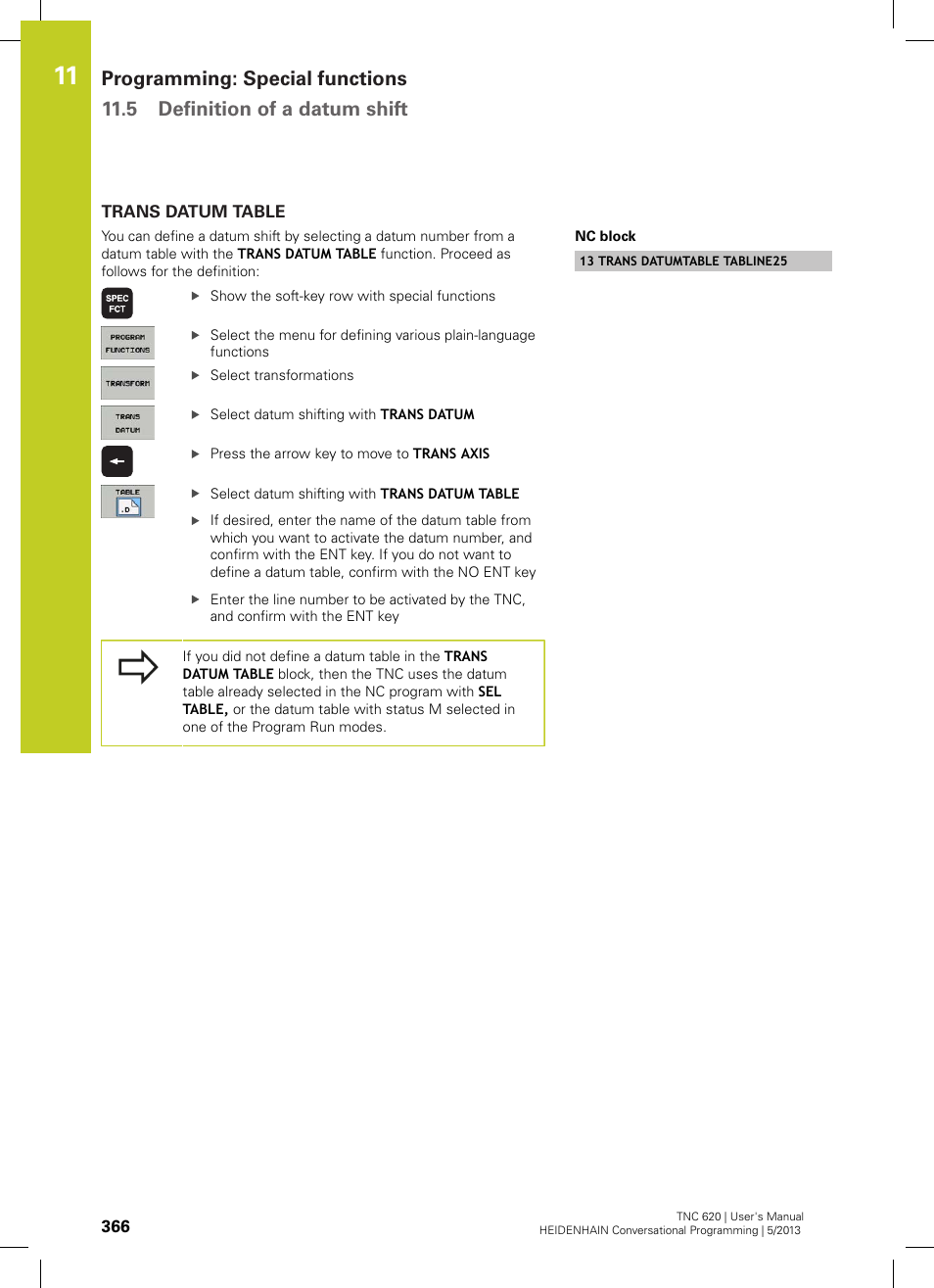 Trans datum table | HEIDENHAIN TNC 620 (73498x-02) User Manual | Page 366 / 599