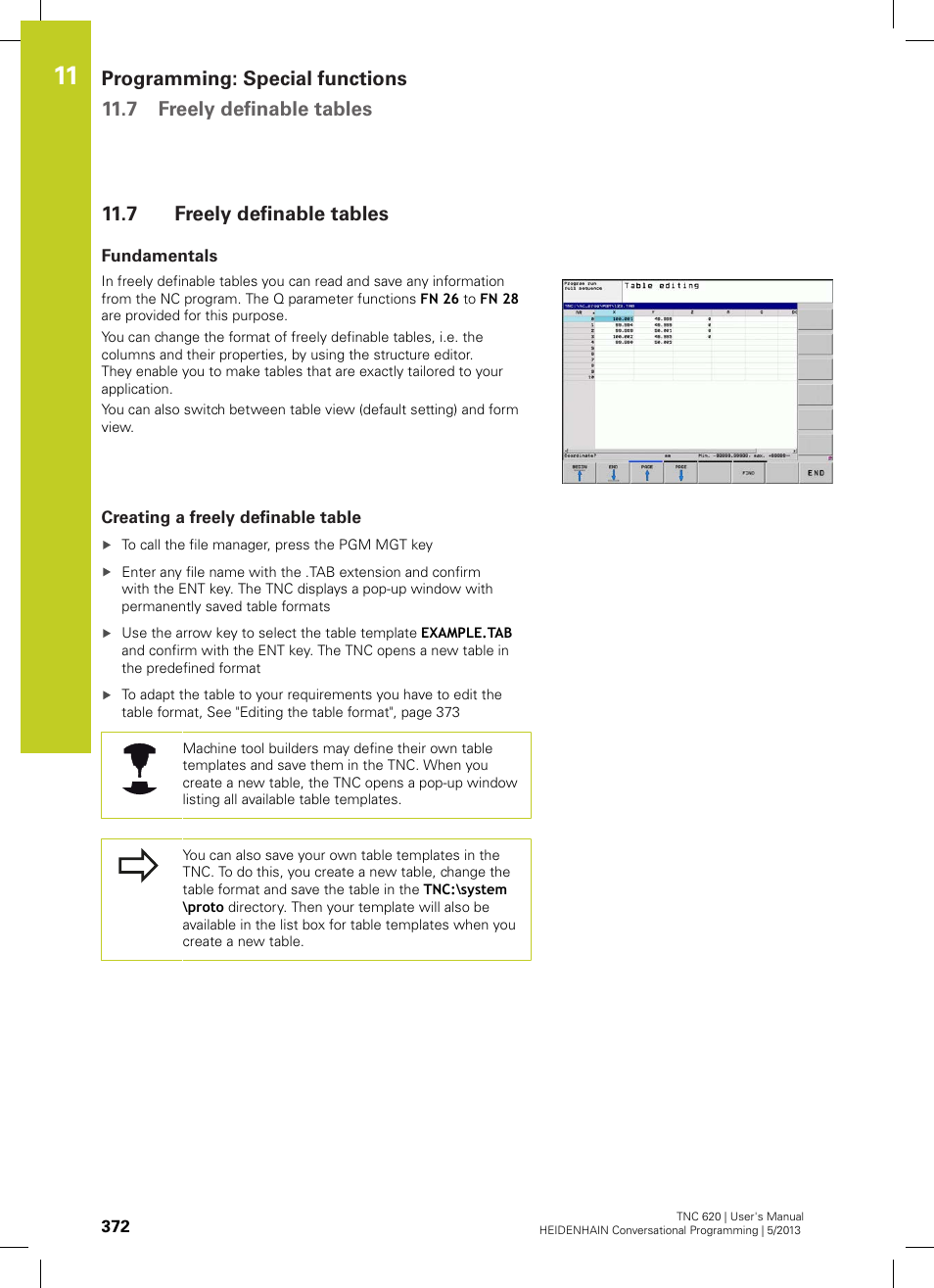 7 freely definable tables, Fundamentals, Creating a freely definable table | Freely definable tables | HEIDENHAIN TNC 620 (73498x-02) User Manual | Page 372 / 599