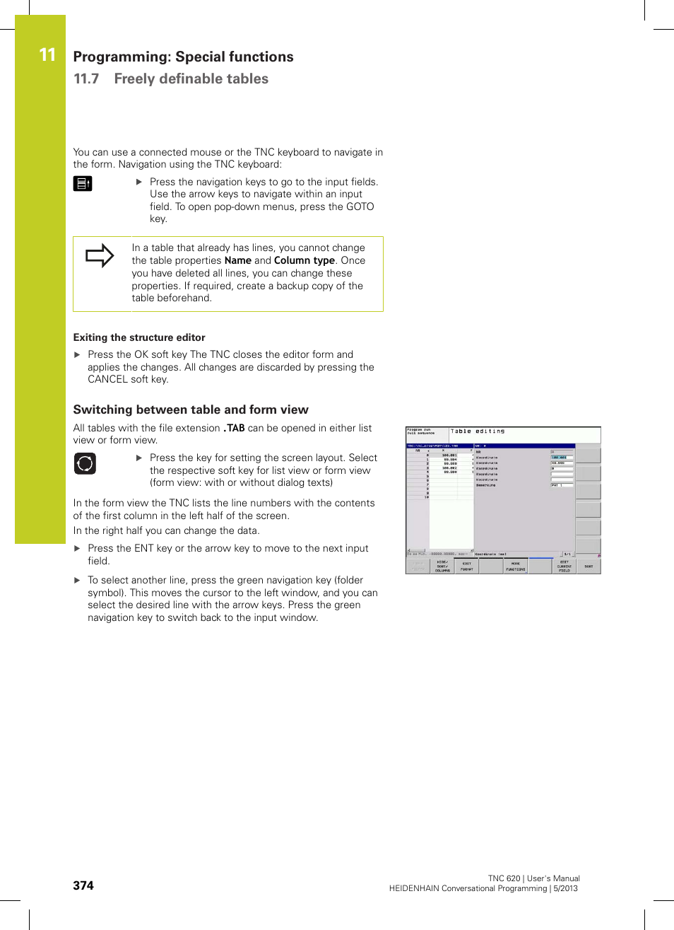 Switching between table and form view | HEIDENHAIN TNC 620 (73498x-02) User Manual | Page 374 / 599