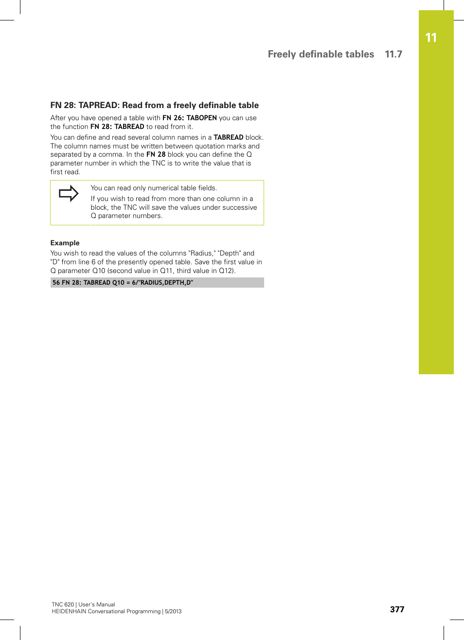 Fn 28: tapread: read from a freely definable table, Freely definable tables 11.7 | HEIDENHAIN TNC 620 (73498x-02) User Manual | Page 377 / 599