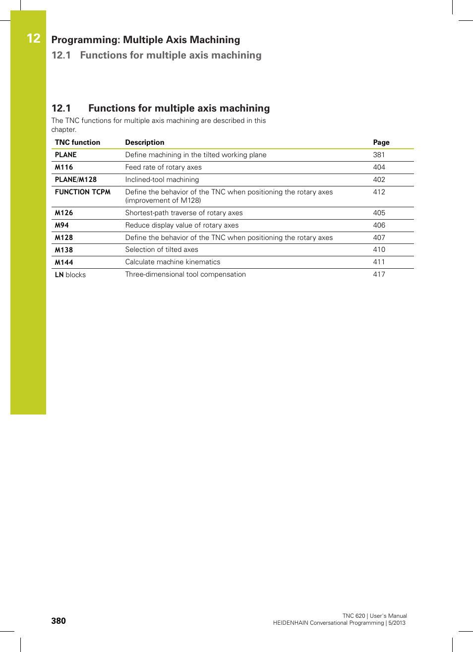 1 functions for multiple axis machining, Functions for multiple axis machining | HEIDENHAIN TNC 620 (73498x-02) User Manual | Page 380 / 599