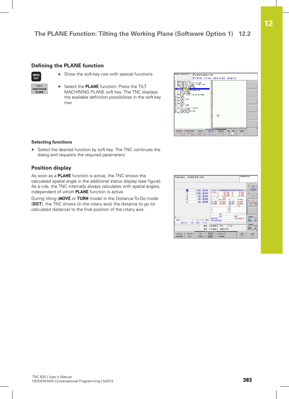 Defining the plane function, Position display | HEIDENHAIN TNC 620 (73498x-02) User Manual | Page 383 / 599