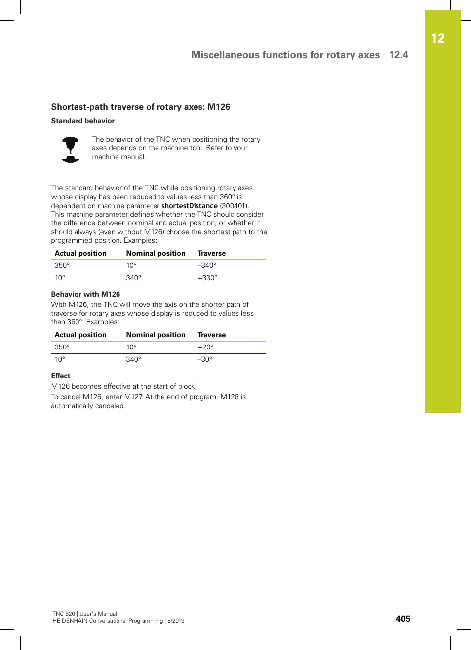 Shortest-path traverse of rotary axes: m126, Miscellaneous functions for rotary axes 12.4 | HEIDENHAIN TNC 620 (73498x-02) User Manual | Page 405 / 599