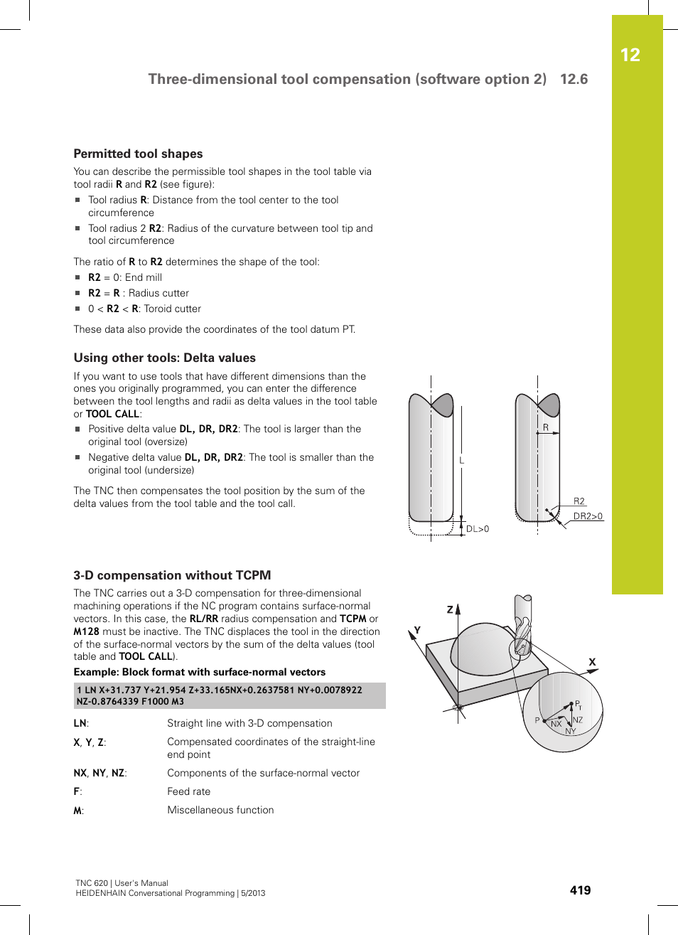 Permitted tool shapes, Using other tools: delta values, D compensation without tcpm | HEIDENHAIN TNC 620 (73498x-02) User Manual | Page 419 / 599