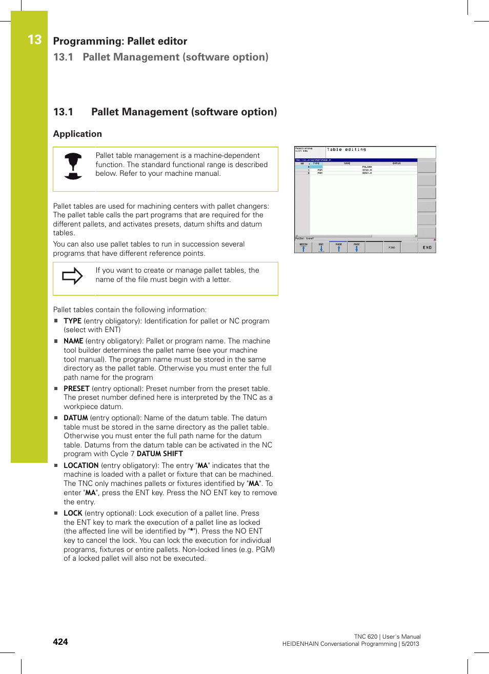 1 pallet management (software option), Application, Pallet management (software option) | HEIDENHAIN TNC 620 (73498x-02) User Manual | Page 424 / 599