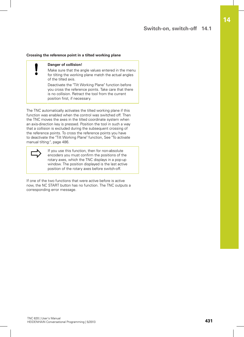 Switch-on, switch-off 14.1 | HEIDENHAIN TNC 620 (73498x-02) User Manual | Page 431 / 599