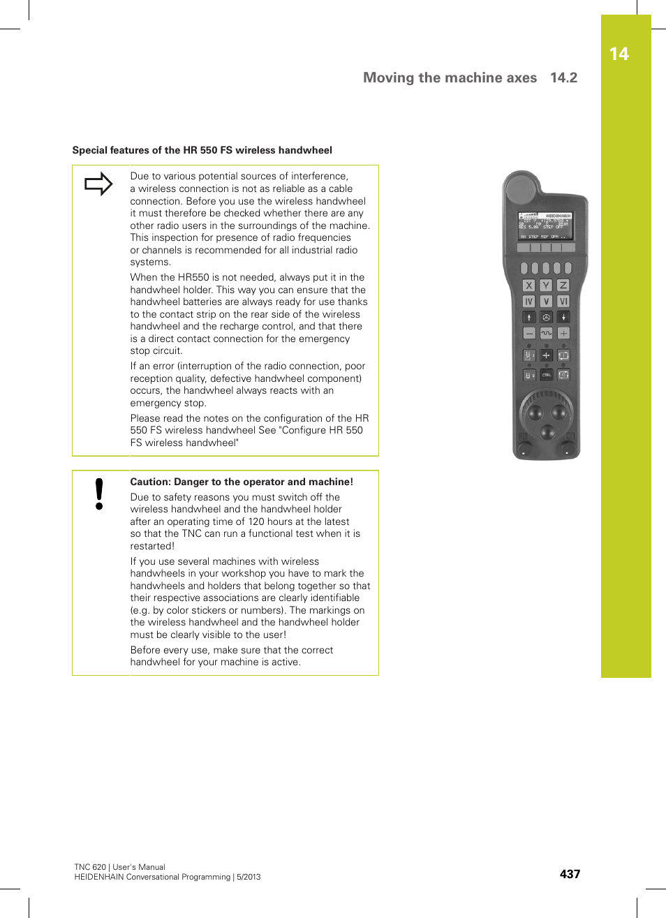 Moving the machine axes 14.2 | HEIDENHAIN TNC 620 (73498x-02) User Manual | Page 437 / 599