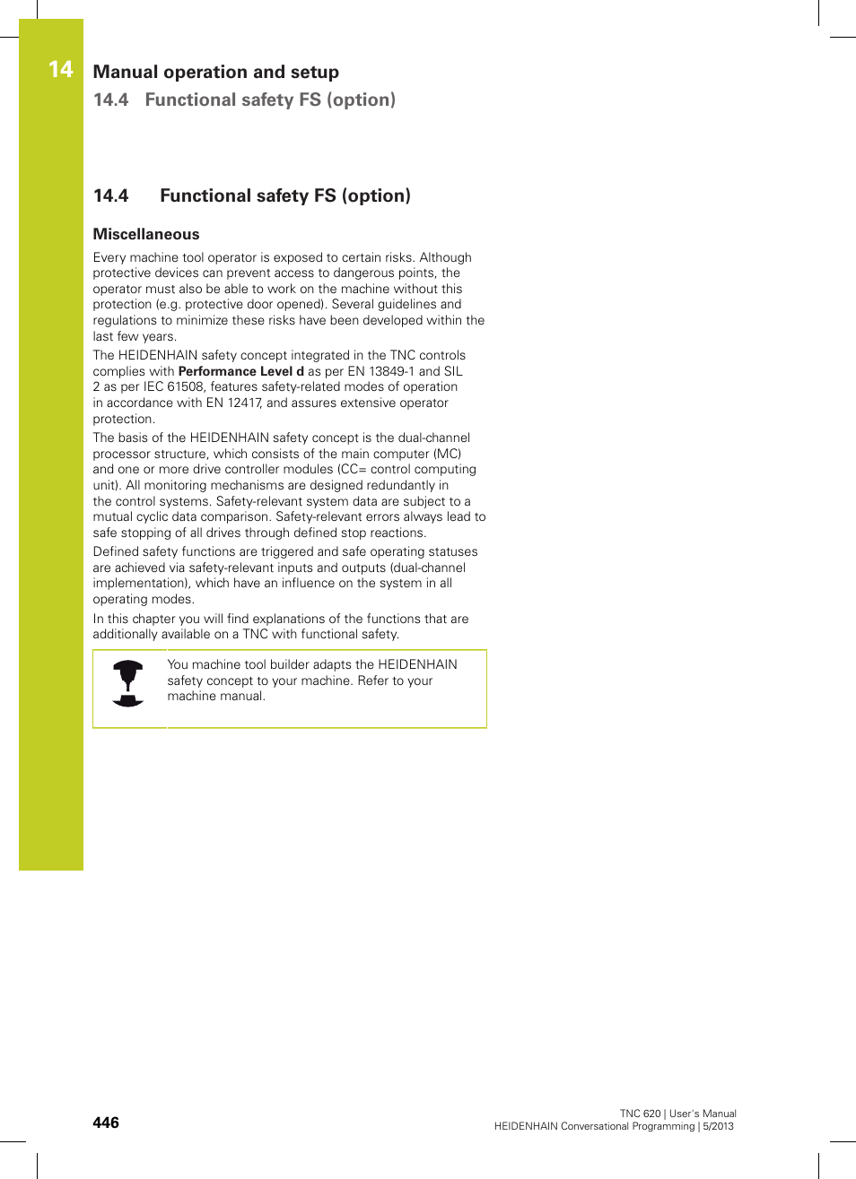 4 functional safety fs (option), Miscellaneous, Functional safety fs (option) | HEIDENHAIN TNC 620 (73498x-02) User Manual | Page 446 / 599