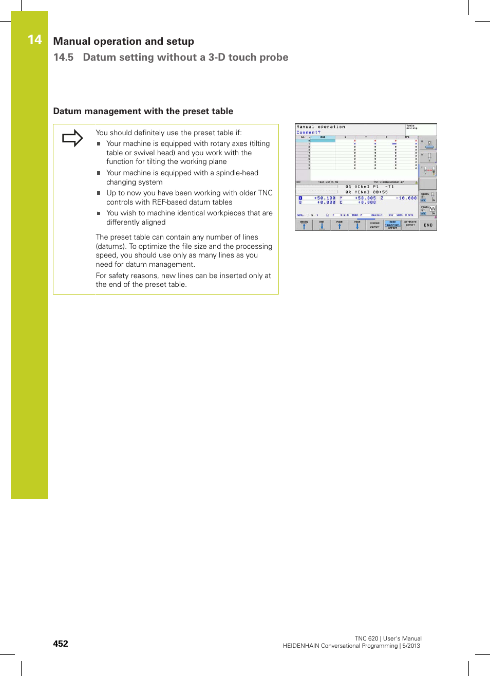 Datum management with the preset table | HEIDENHAIN TNC 620 (73498x-02) User Manual | Page 452 / 599