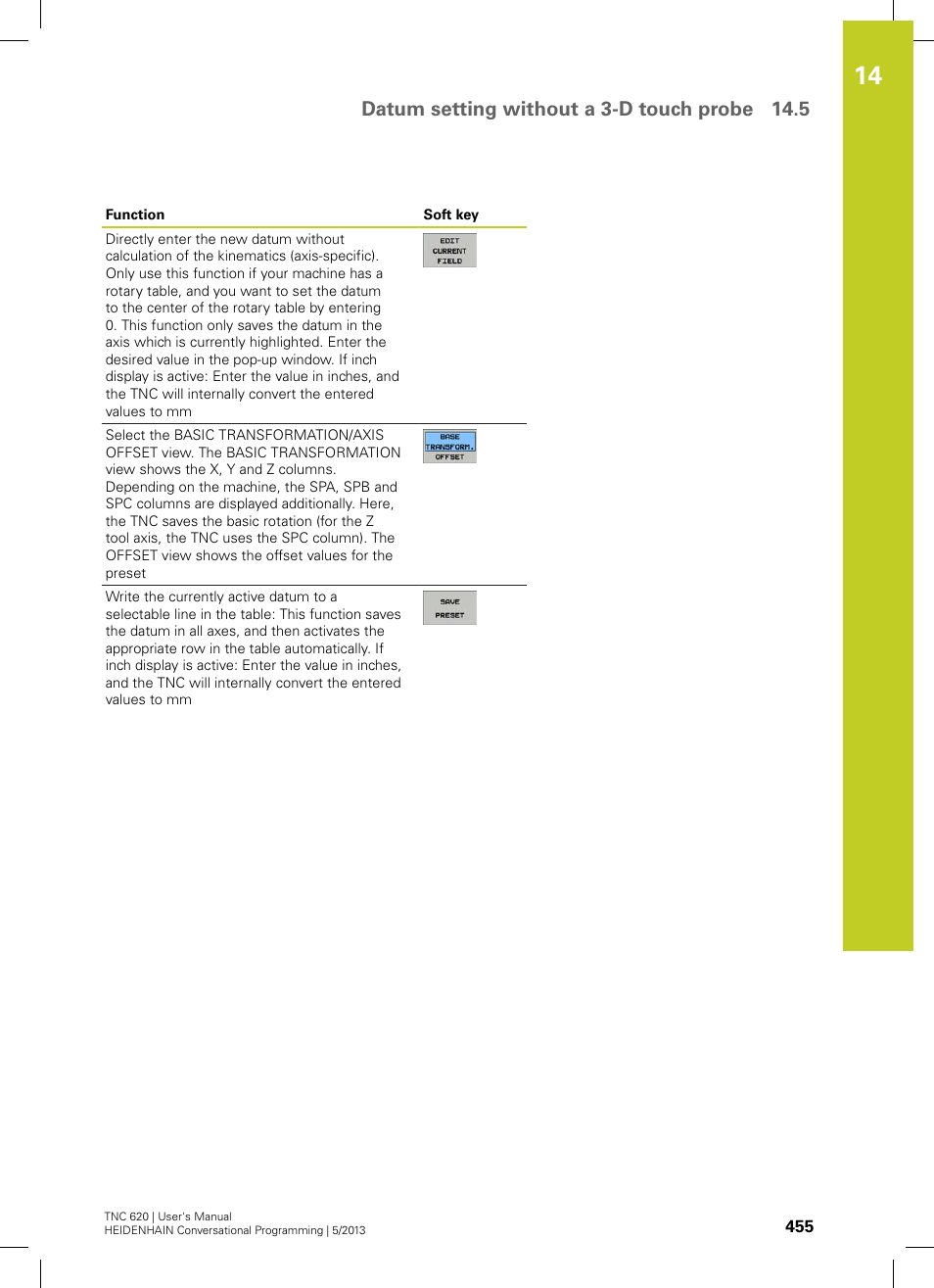 Datum setting without a 3-d touch probe 14.5 | HEIDENHAIN TNC 620 (73498x-02) User Manual | Page 455 / 599