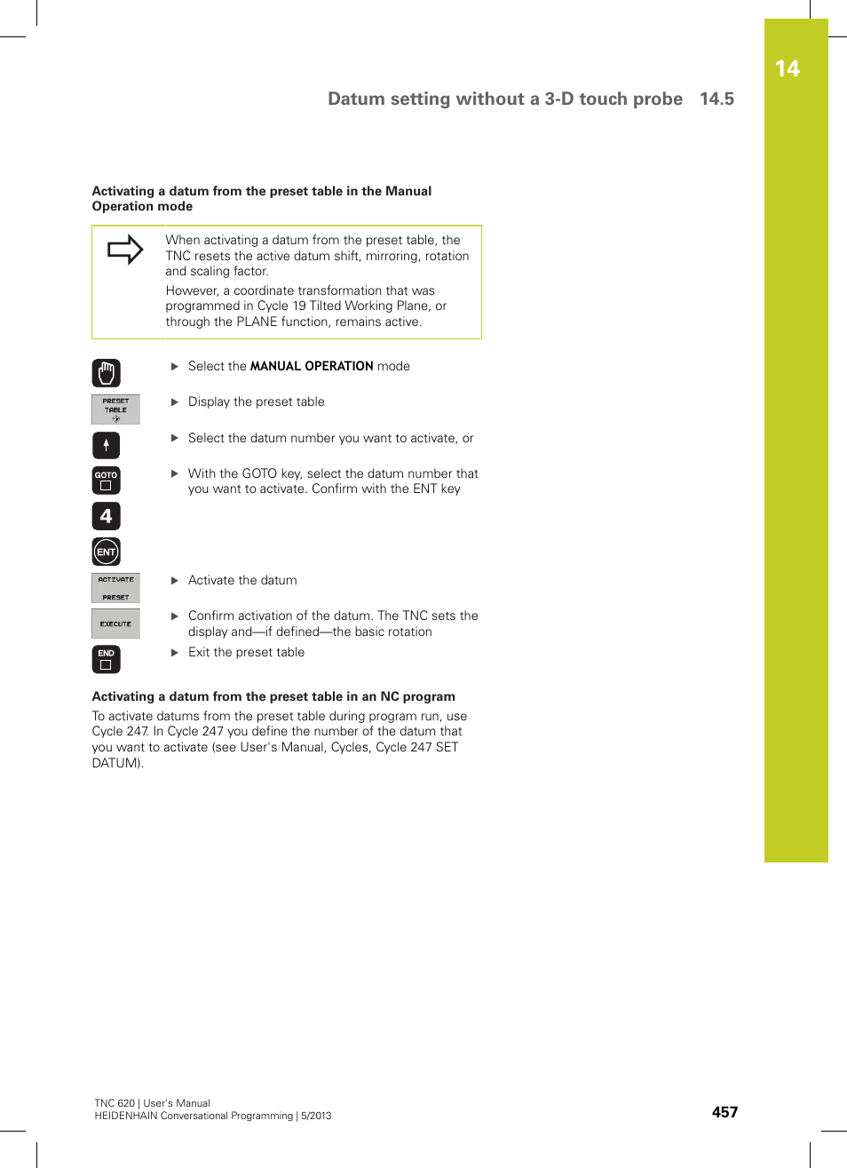 Datum setting without a 3-d touch probe 14.5 | HEIDENHAIN TNC 620 (73498x-02) User Manual | Page 457 / 599