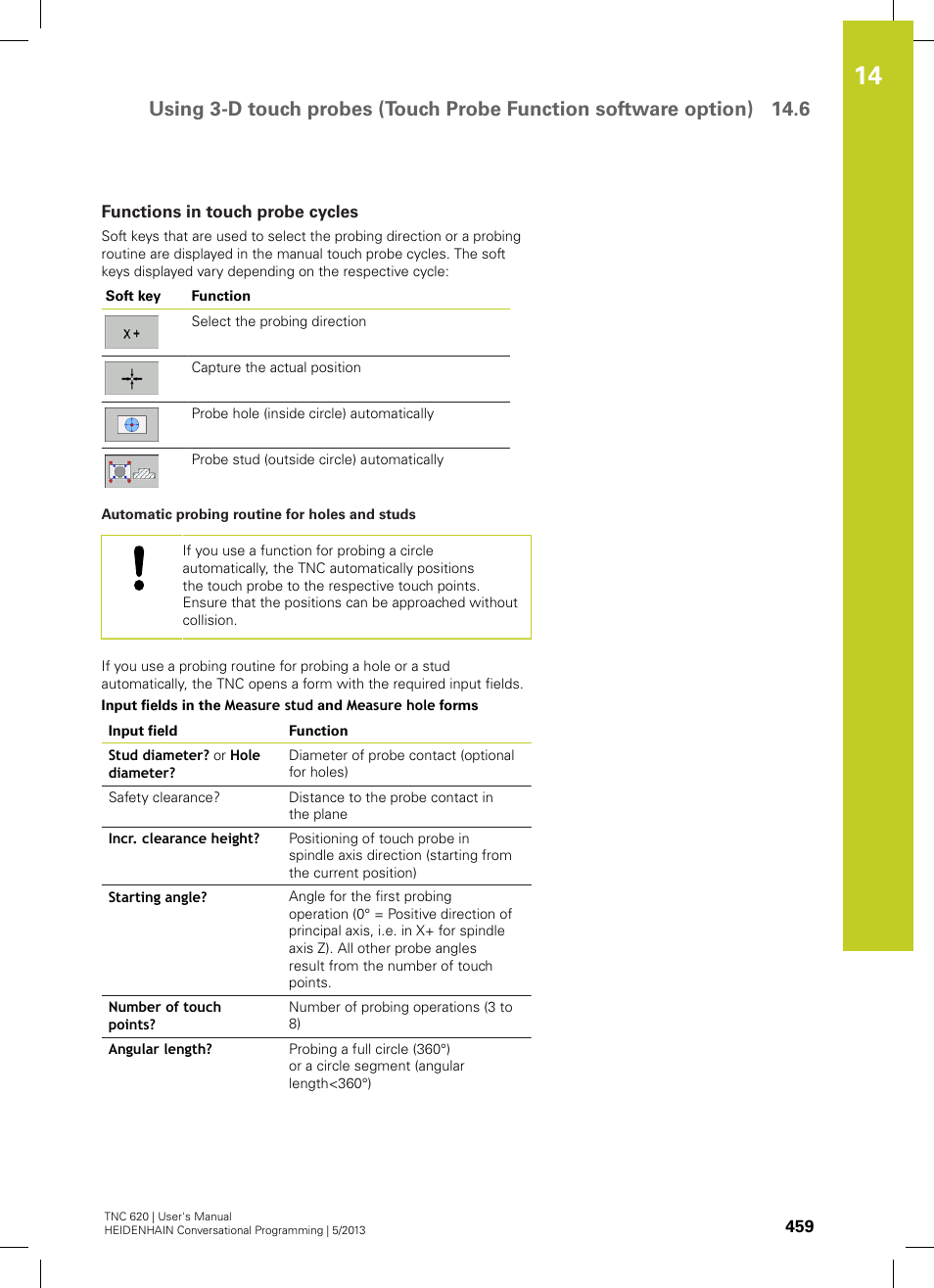 Functions in touch probe cycles | HEIDENHAIN TNC 620 (73498x-02) User Manual | Page 459 / 599