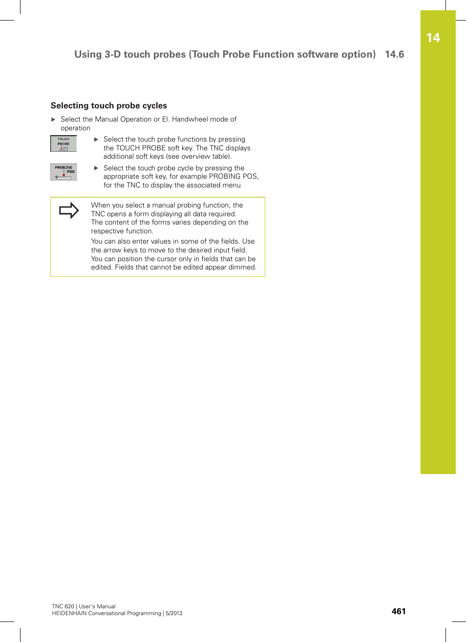 Selecting touch probe cycles | HEIDENHAIN TNC 620 (73498x-02) User Manual | Page 461 / 599