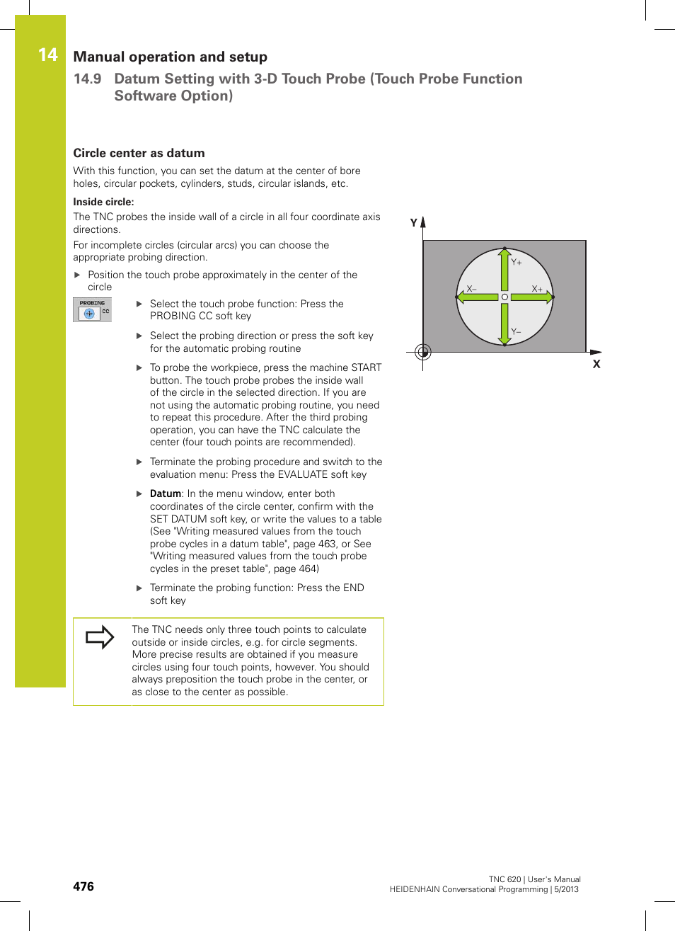 Circle center as datum | HEIDENHAIN TNC 620 (73498x-02) User Manual | Page 476 / 599