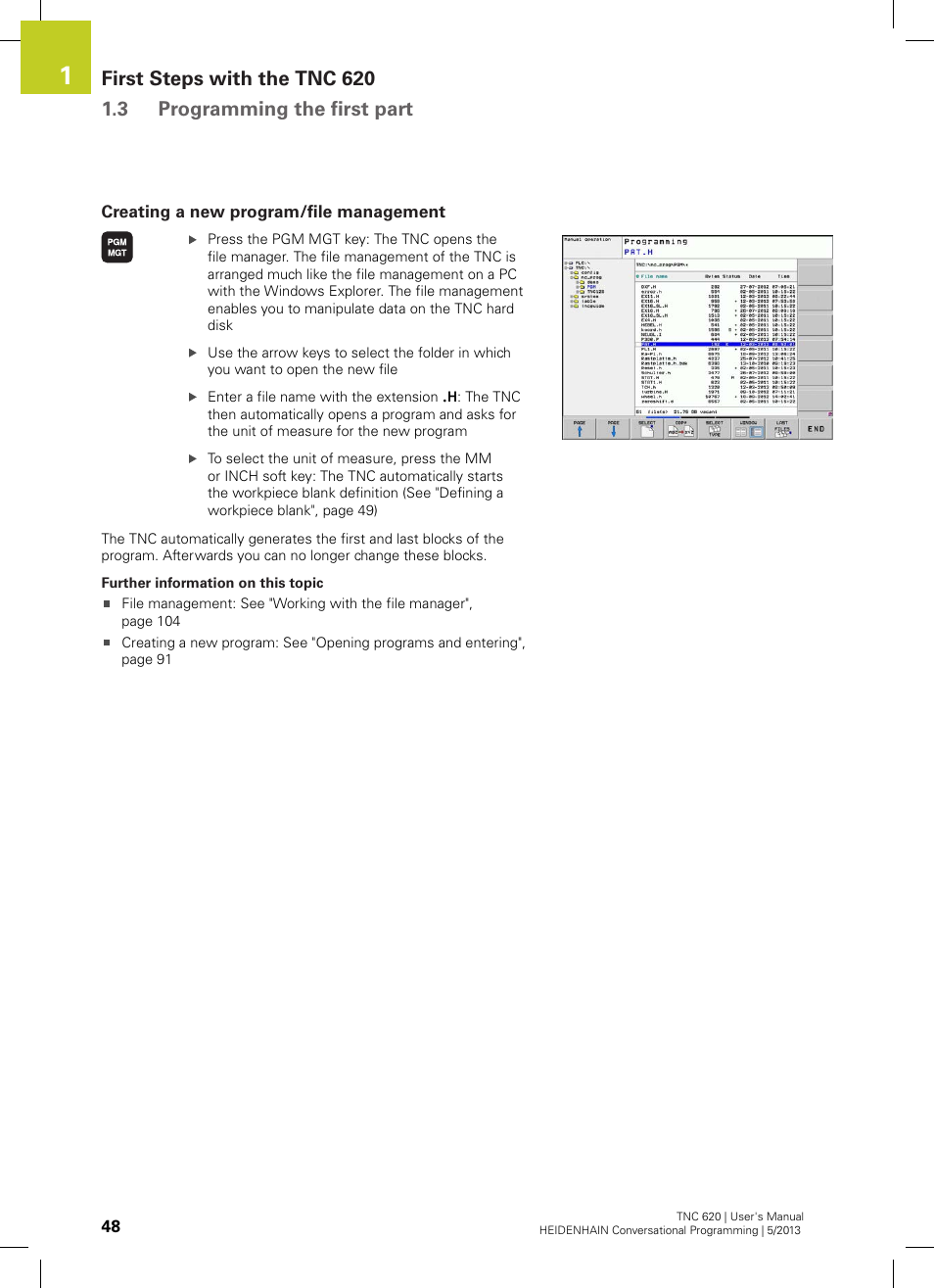 Creating a new program/file management | HEIDENHAIN TNC 620 (73498x-02) User Manual | Page 48 / 599