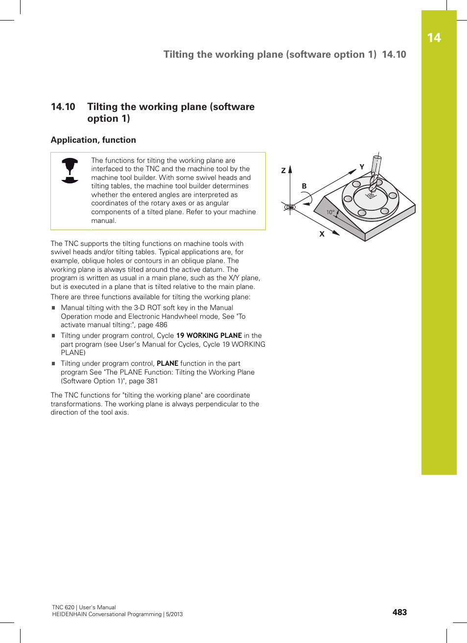 10 tilting the working plane (software option 1), Application, function, Tilting the working plane (software option 1) | HEIDENHAIN TNC 620 (73498x-02) User Manual | Page 483 / 599