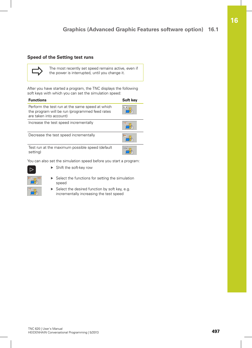 Speed of the setting test runs | HEIDENHAIN TNC 620 (73498x-02) User Manual | Page 497 / 599