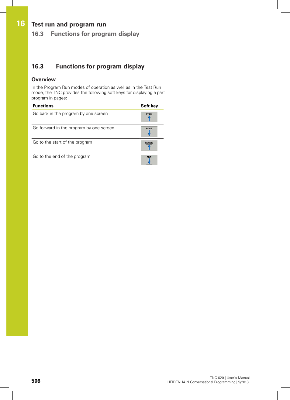 3 functions for program display, Overview, Functions for program display | HEIDENHAIN TNC 620 (73498x-02) User Manual | Page 506 / 599