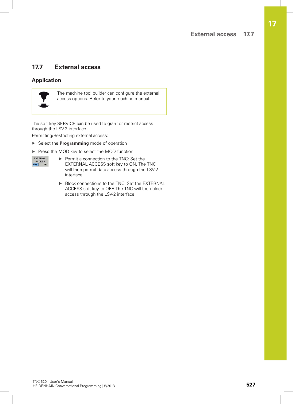 7 external access, Application, External access | External access 17.7 | HEIDENHAIN TNC 620 (73498x-02) User Manual | Page 527 / 599