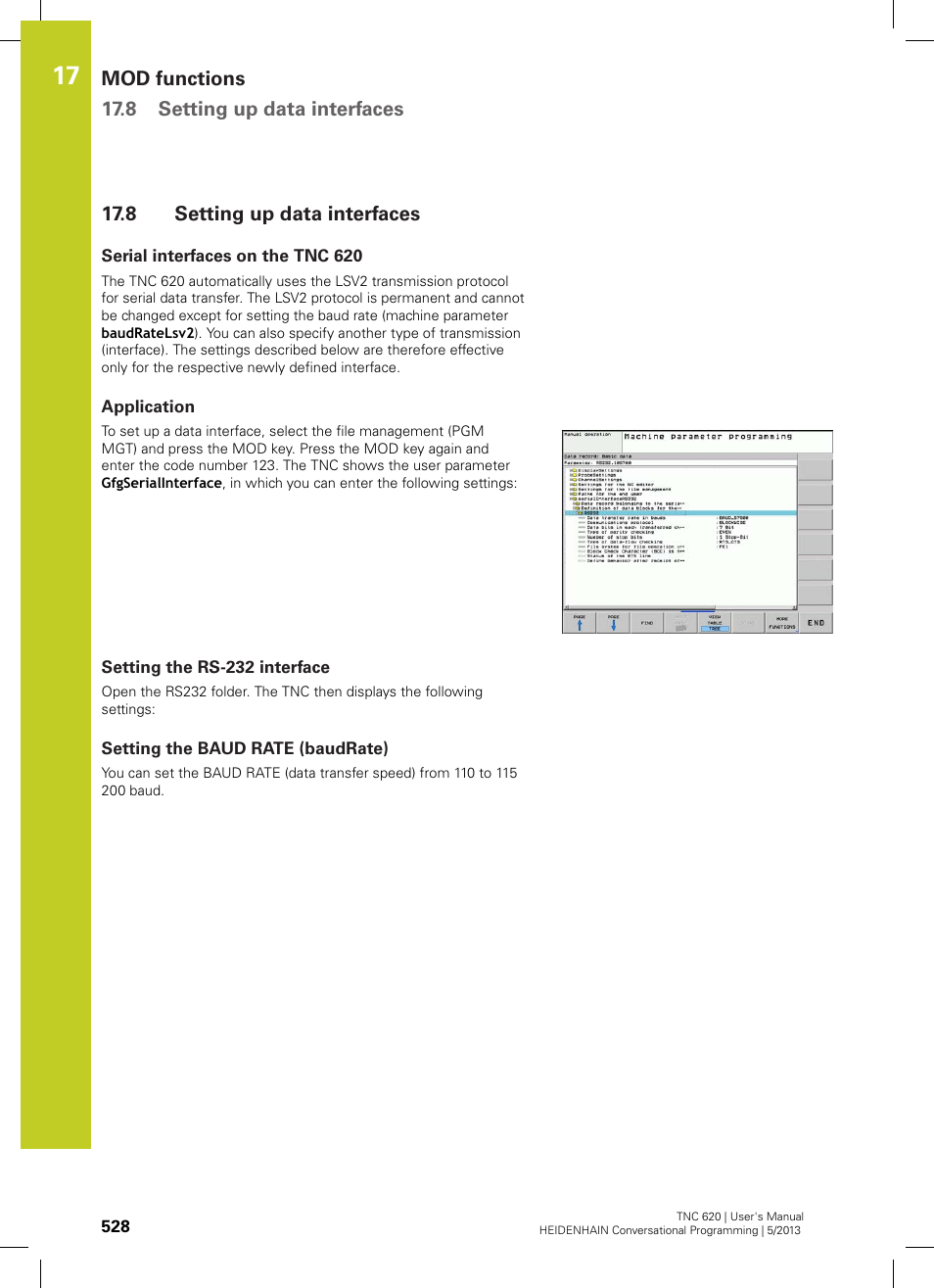 8 setting up data interfaces, Serial interfaces on the tnc 620, Application | Setting the rs-232 interface, Setting the baud rate (baudrate), Setting up data interfaces | HEIDENHAIN TNC 620 (73498x-02) User Manual | Page 528 / 599