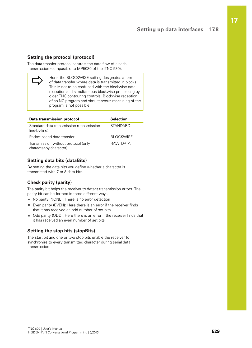 Setting the protocol (protocol), Setting data bits (databits), Check parity (parity) | Setting the stop bits (stopbits), Setting up data interfaces 17.8 | HEIDENHAIN TNC 620 (73498x-02) User Manual | Page 529 / 599