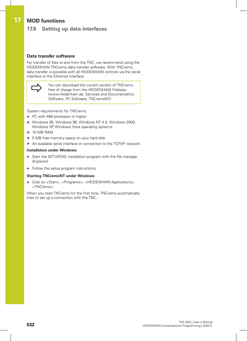 Data transfer software, Mod functions 17.8 setting up data interfaces | HEIDENHAIN TNC 620 (73498x-02) User Manual | Page 532 / 599