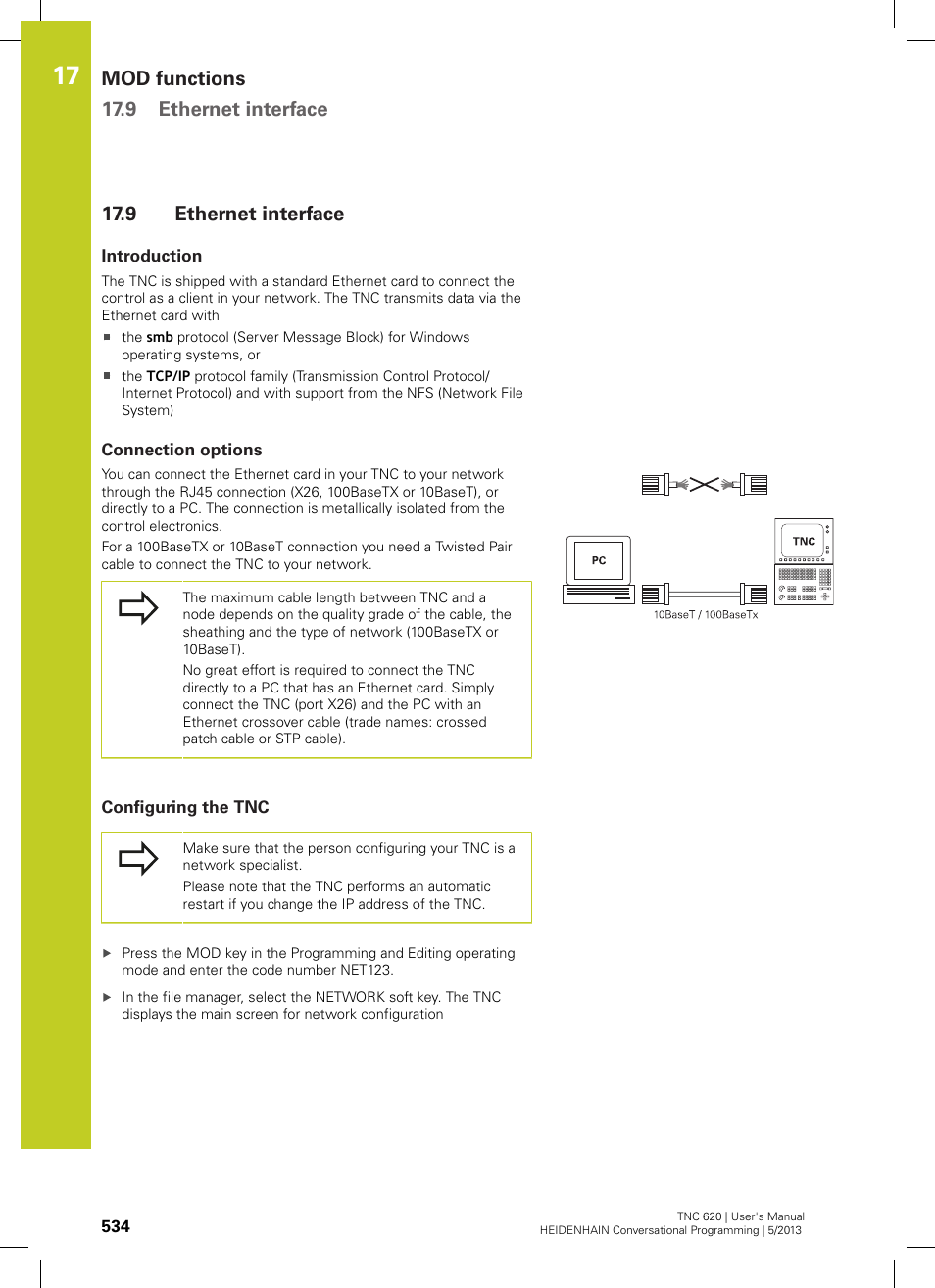 9 ethernet interface, Introduction, Connection options | Configuring the tnc, Ethernet interface, Mod functions 17.9 ethernet interface | HEIDENHAIN TNC 620 (73498x-02) User Manual | Page 534 / 599