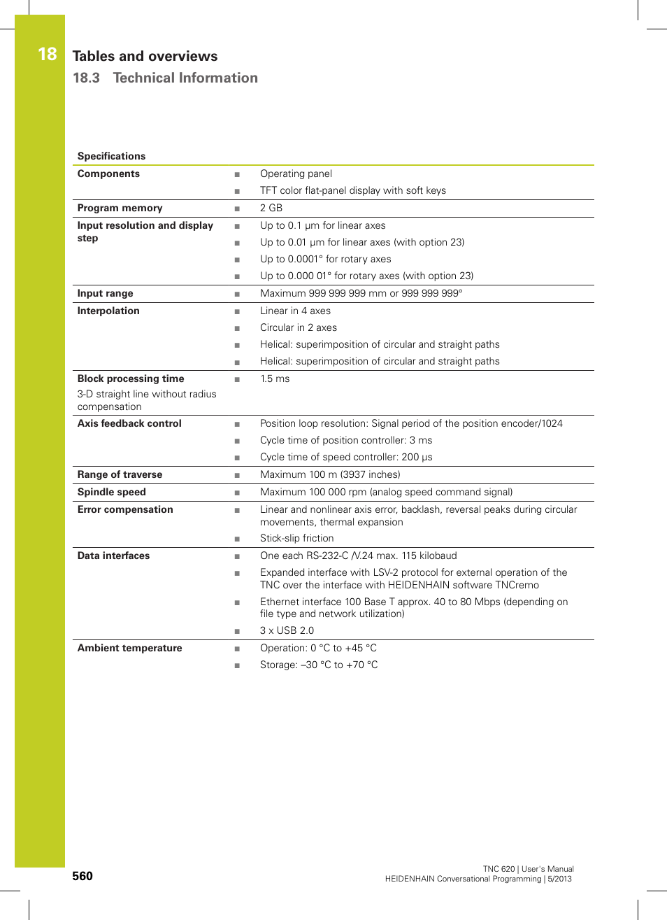 Tables and overviews 18.3 technical information | HEIDENHAIN TNC 620 (73498x-02) User Manual | Page 560 / 599