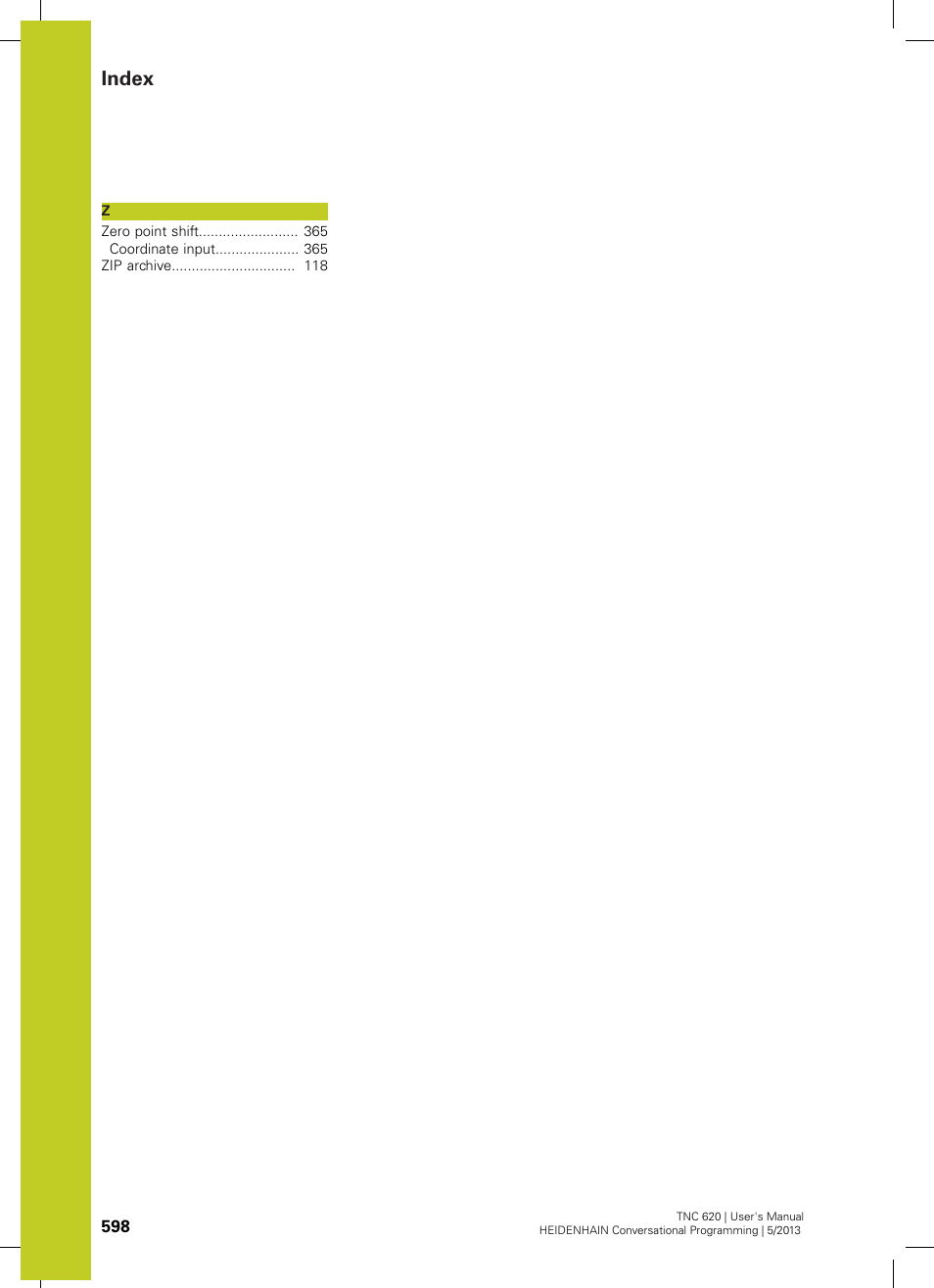 Index | HEIDENHAIN TNC 620 (73498x-02) User Manual | Page 598 / 599