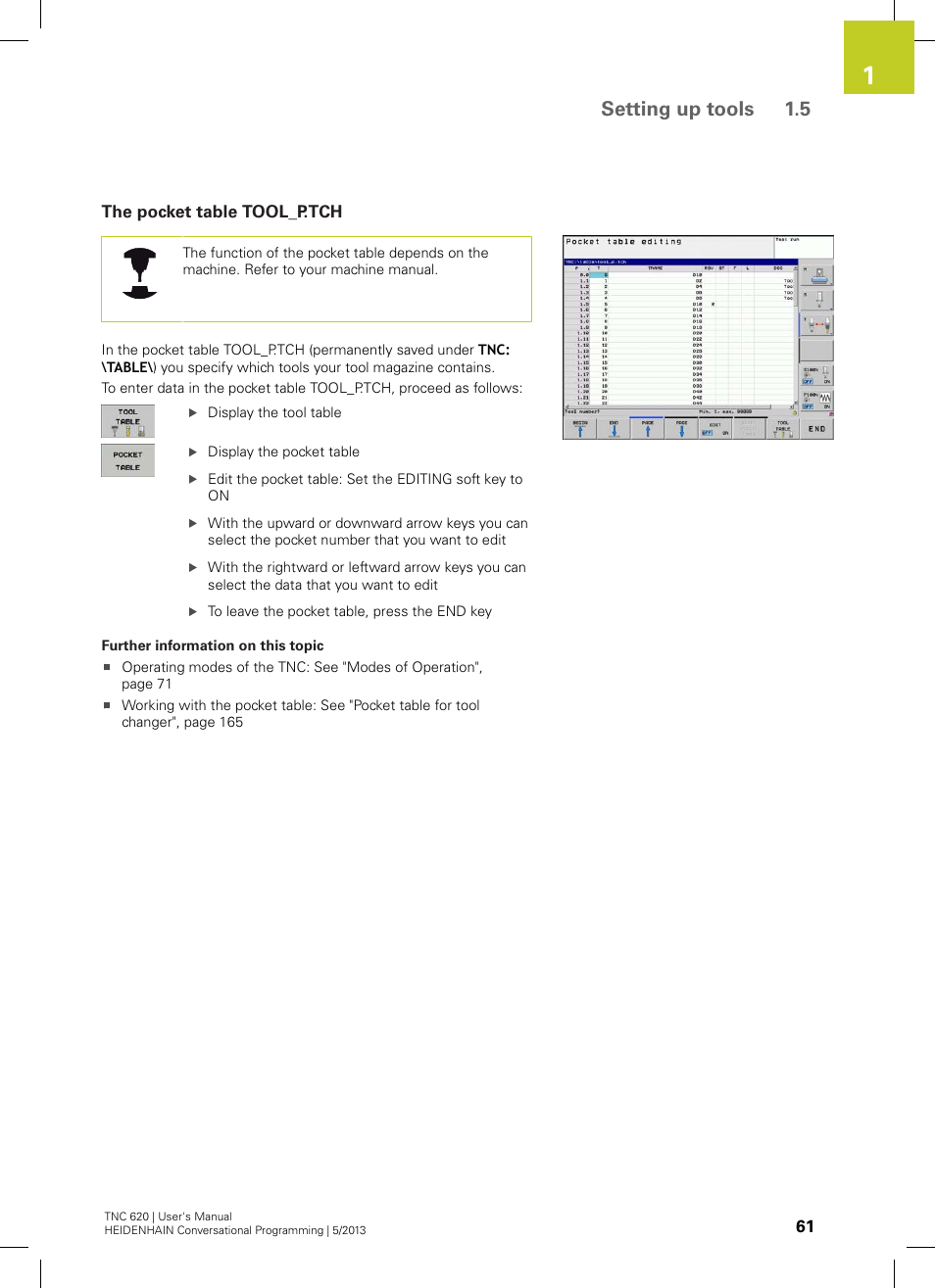 The pocket table tool_p.tch, Setting up tools 1.5 | HEIDENHAIN TNC 620 (73498x-02) User Manual | Page 61 / 599