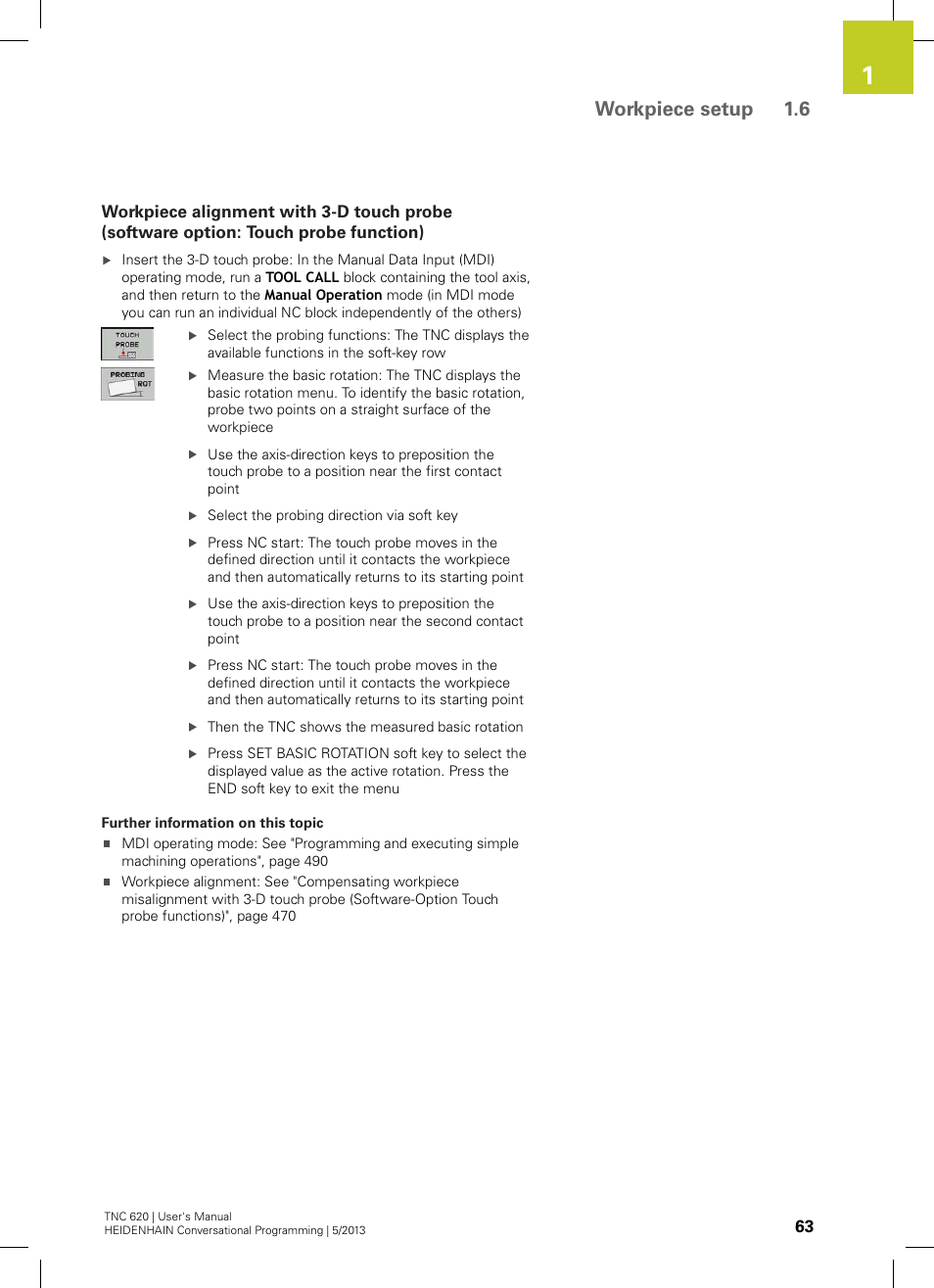 Workpiece setup 1.6 | HEIDENHAIN TNC 620 (73498x-02) User Manual | Page 63 / 599