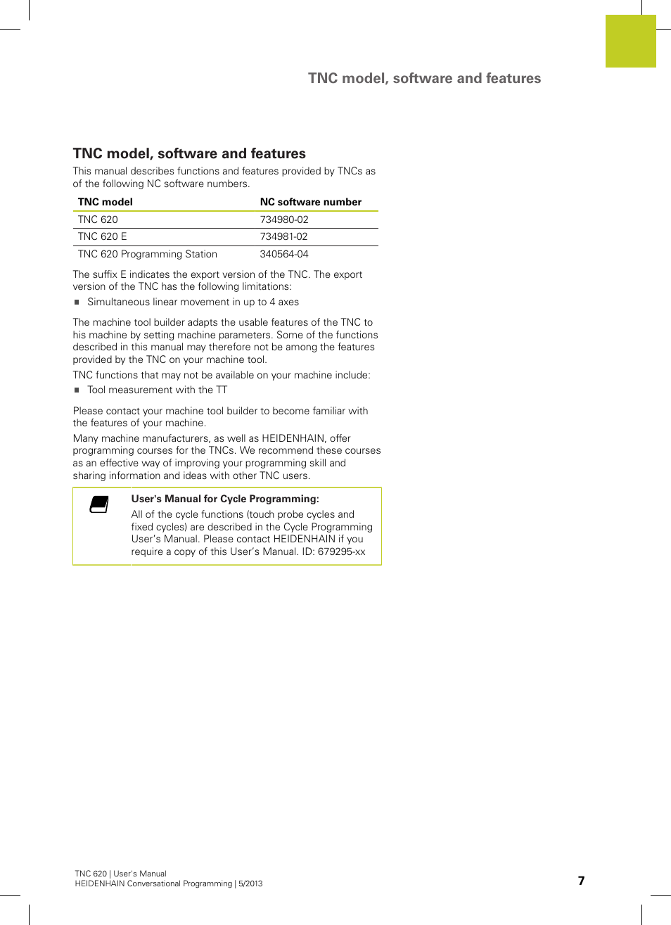 Tnc model, software and features | HEIDENHAIN TNC 620 (73498x-02) User Manual | Page 7 / 599