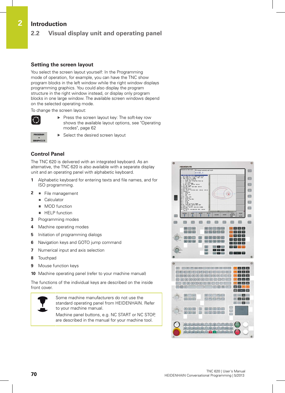 Setting the screen layout, Control panel | HEIDENHAIN TNC 620 (73498x-02) User Manual | Page 70 / 599