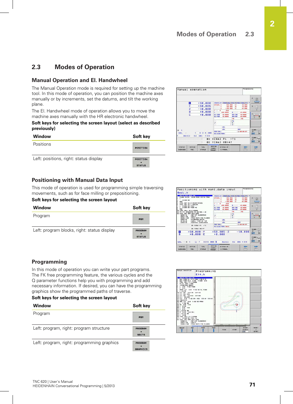 3 modes of operation, Manual operation and el. handwheel, Positioning with manual data input | Programming, Modes of operation, Modes of operation 2.3 | HEIDENHAIN TNC 620 (73498x-02) User Manual | Page 71 / 599